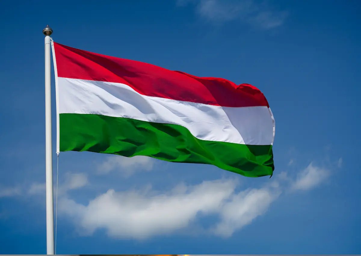 Die ungarische Nationalflagge weht vor  dem blauem Himmel – Zur digitalen Vignette Ungarn (E-Vignette) auf mautbox24.com in nur 60 Sekunden.